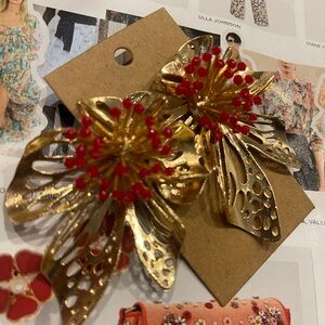 Gold and Red Floral Earrings
